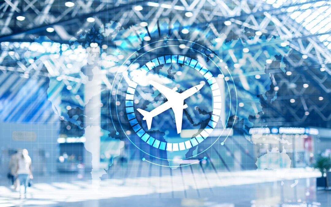 digital airplane icon on virtual screen - business travel concept